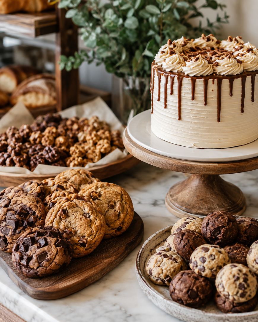 A decorated layer cake with chocolate drip icing on a cake stand, surrounded by plates of chocolate chip cookies and a bowl of caramel popcorn on a marble bakery counter.