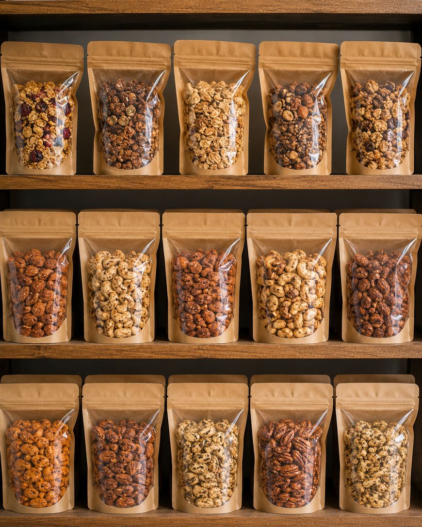 Fifteen brown kraft paper bags filled with various roasted or seasoned nuts are neatly arranged on three wooden shelves. The bags have clear windows showing the contents.
