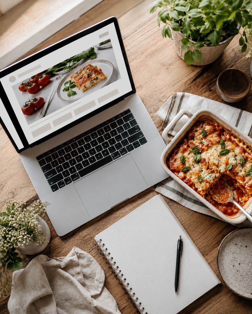 A laptop showing a lasagne recipe, a dish of baked lasagne, a notepad with a pen, and a cup sit on a wooden table with herbs and a serviette.