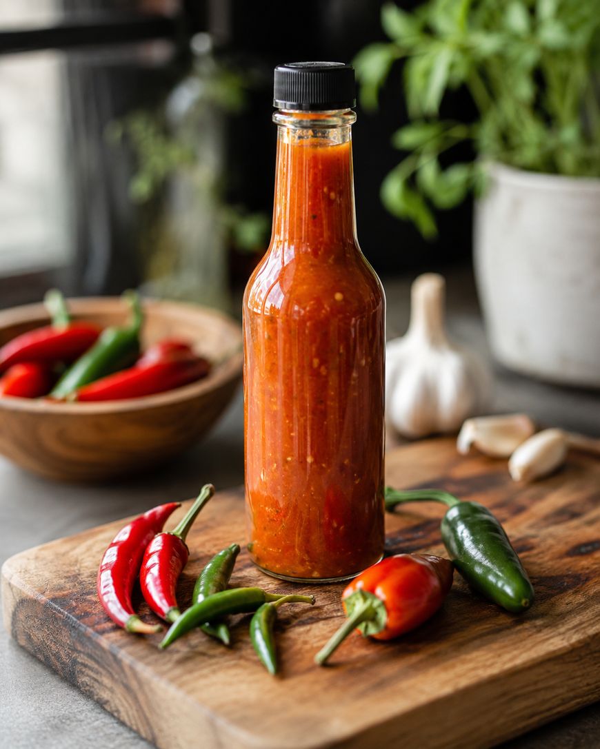 A glass bottle of red hot sauce is on a wooden chopping board, surrounded by fresh red and green chilli peppers. In the background are a bowl of peppers, a garlic bulb, and a potted herb plant.