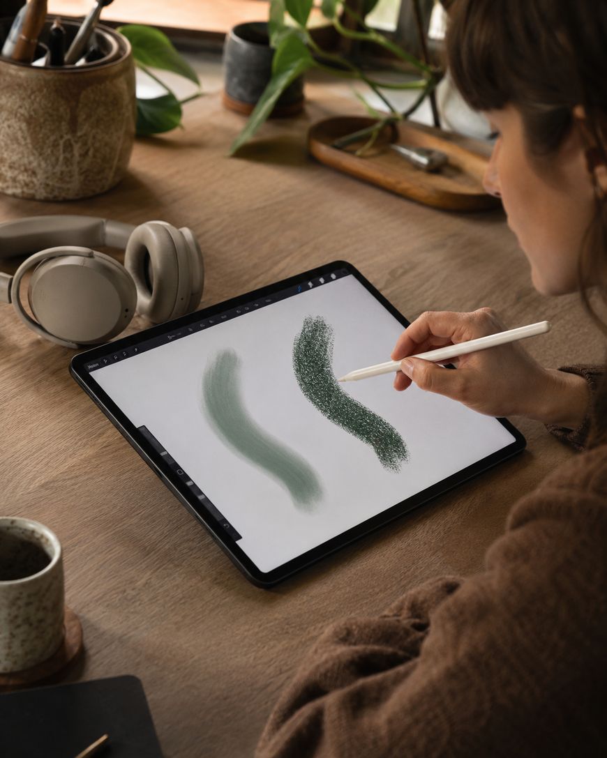 A person uses a stylus to draw on a tablet placed on a wooden desk. Headphones, a coffee mug, and plants are nearby, creating a cosy workspace. The tablet shows two green paint strokes.