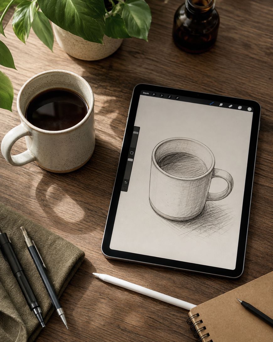 A tablet showing a pencil sketch of a mug, placed beside the real ceramic mug it depicts.