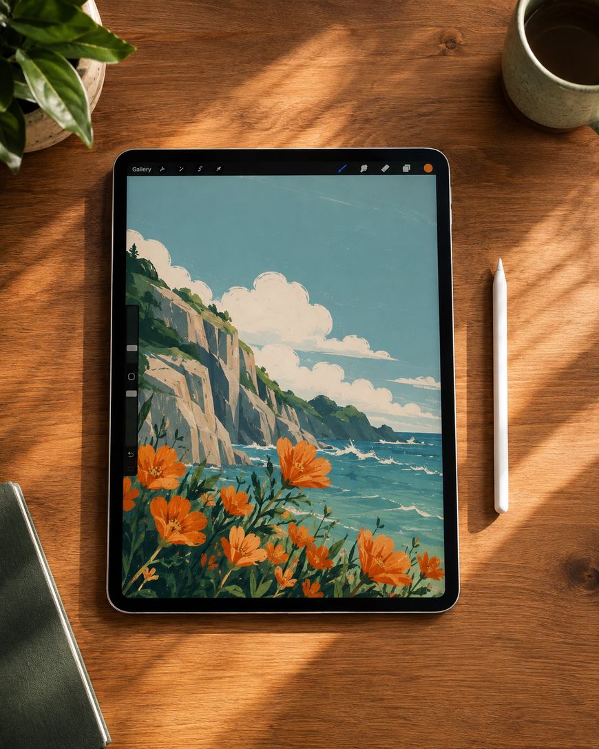A tablet on a wooden table displays a digital painting of an ocean cliffside with orange flowers. A stylus, a cup, a plant, and a closed notebook are nearby.