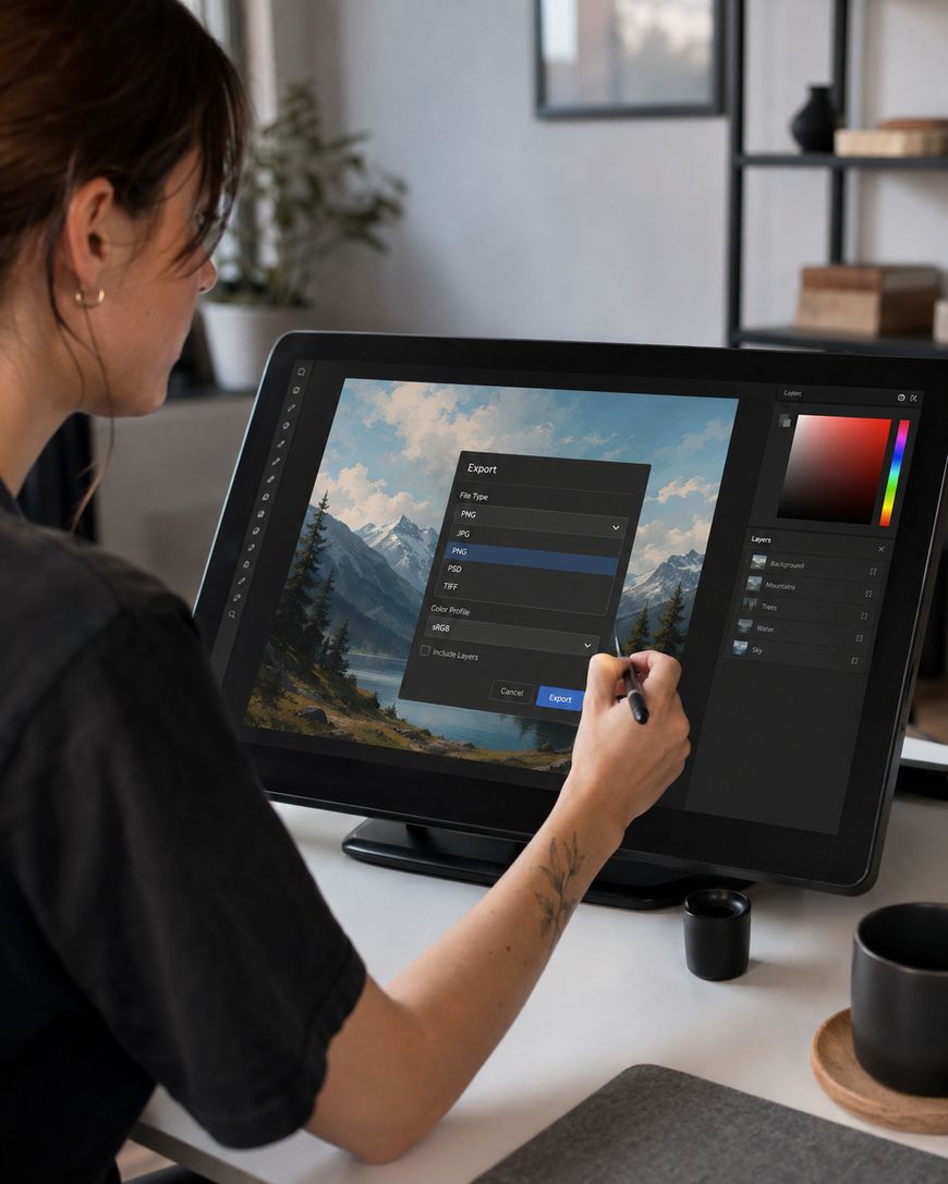 A hand using a stylus on a tablet running photo editing software on a mountain landscape.