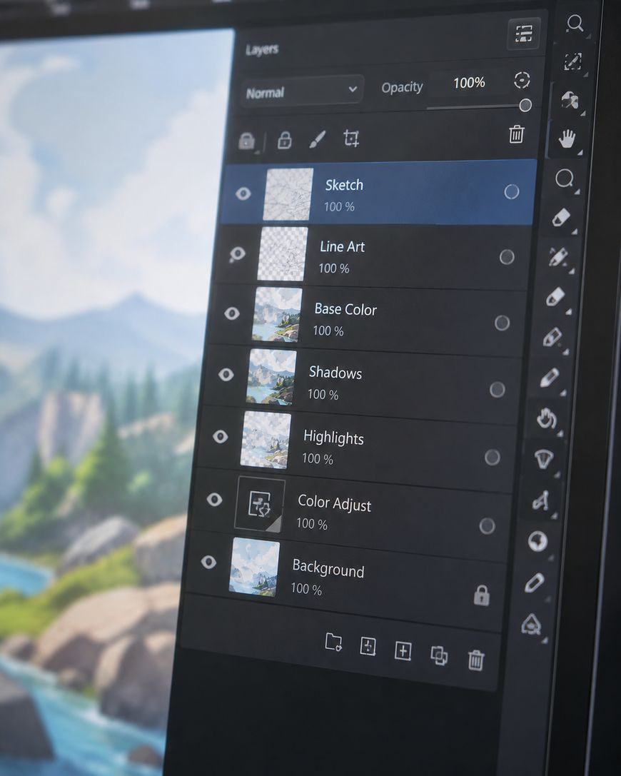 A computer screen shows a digital art programme with a landscape painting and a visible layers panel, including layers such as Sketch, Line Art, Base Colour, Shadows, Highlights, Colour Adjust, and Background.