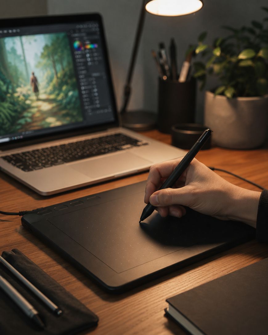 A person uses a stylus on a digital drawing tablet at a desk with a laptop displaying digital art, surrounded by a lamp, plants, pens, and a notebook.