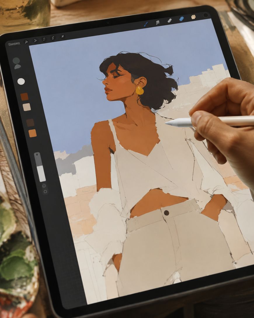 A hand uses a stylus to digitally paint a stylish woman with short dark hair and gold earrings on a tablet screen. Drawing tools and colour palettes are visible next to the artwork.