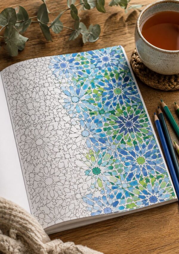 An open colouring book shows half-coloured geometric patterns in blue and green, surrounded by coloured pencils, a cup of tea on a coaster, a beige knitted blanket, and eucalyptus sprigs on a wooden table.