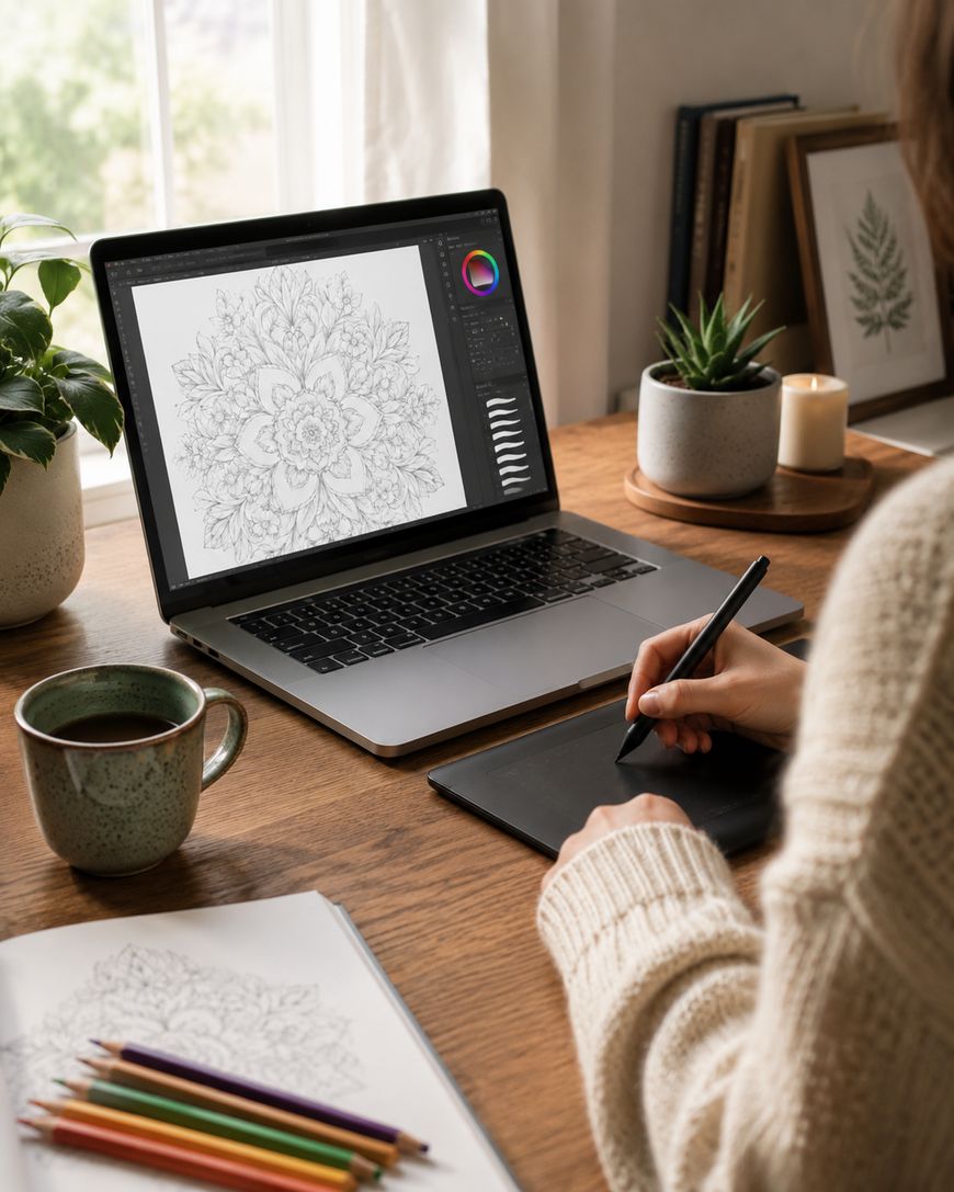 A person uses a digital pen and tablet to draw a detailed mandala on a laptop. Coloured pencils, a sketchbook, plants, books, and a candle are on the wooden desk by a window.
