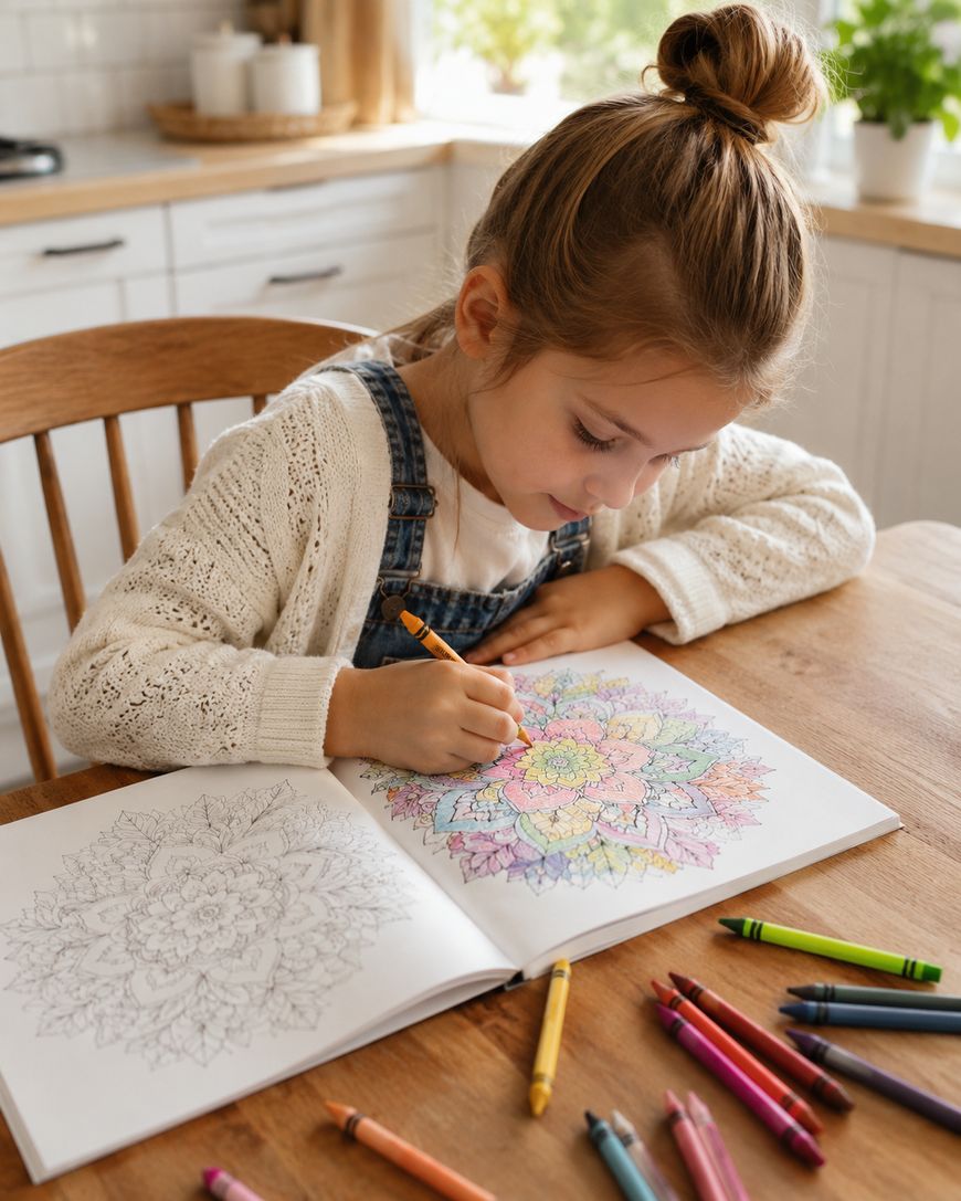 A young girl sits at a wooden table colouring a flower mandala in a colouring book with crayons. More crayons are scattered on the table. The scene is bright and cosy, set in a home kitchen.