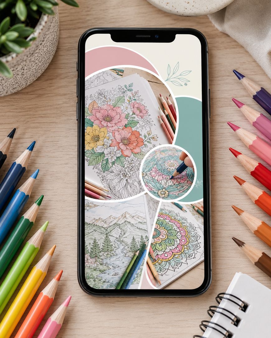 A smartphone displays colourful flower and landscape colouring pages. Coloured pencils in various shades are spread around the phone on a light wooden desk, next to a potted plant.