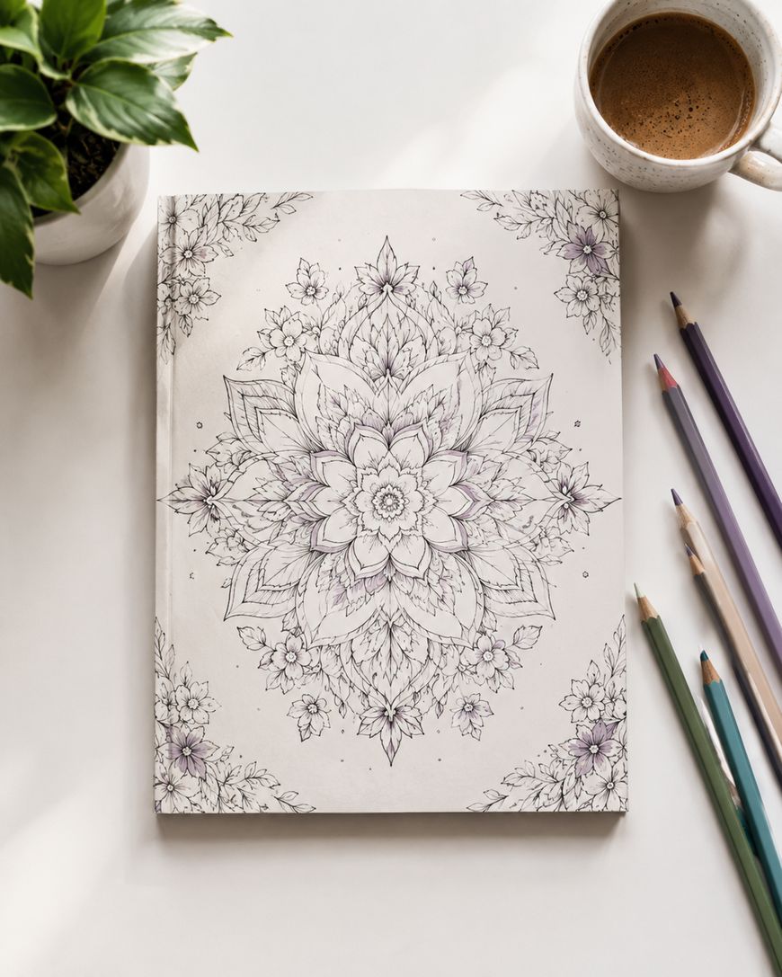 A colouring book with a detailed mandala flower design on the cover sits on a white surface, surrounded by coloured pencils, a cup of coffee, and a potted plant.