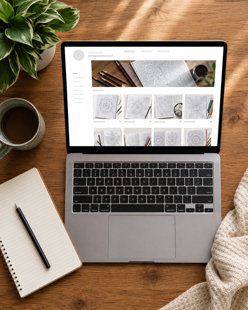 A laptop on a wooden desk displays colouring book designs. Nearby are a plant, a cup of coffee, a notebook with a pen, and a beige knitted blanket.