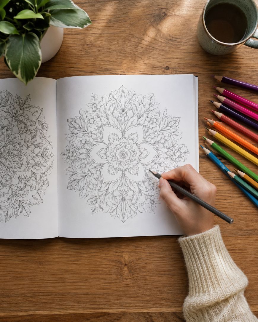 A hand holding a coloured pencil works on a detailed mandala colouring book. Coloured pencils, a cup of coffee, and a potted plant sit on the wooden table.