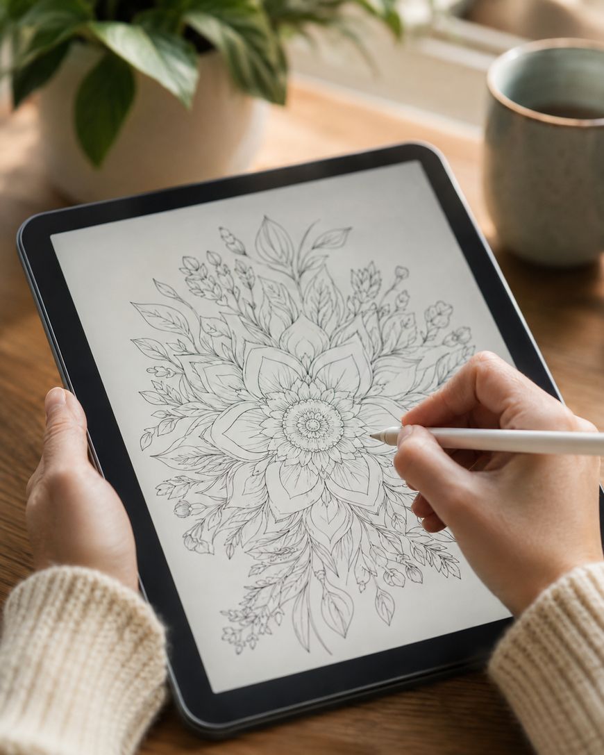 A person uses a stylus to draw a detailed floral mandala design on a tablet. A plant, cup, and window are visible in the background on a wooden table.