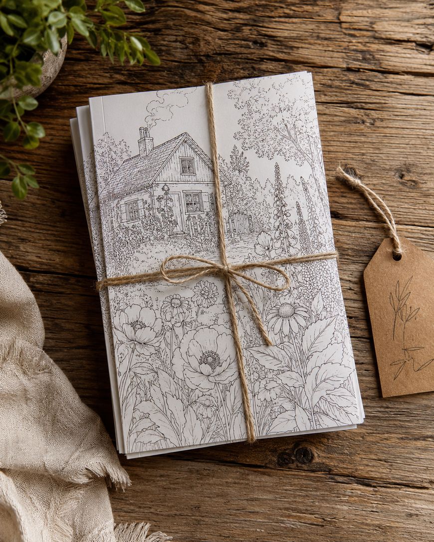 A bundle of illustrated cards tied with string features a cottage and garden scene, set on a rustic wooden surface beside a blank label, fabric, and a plant.