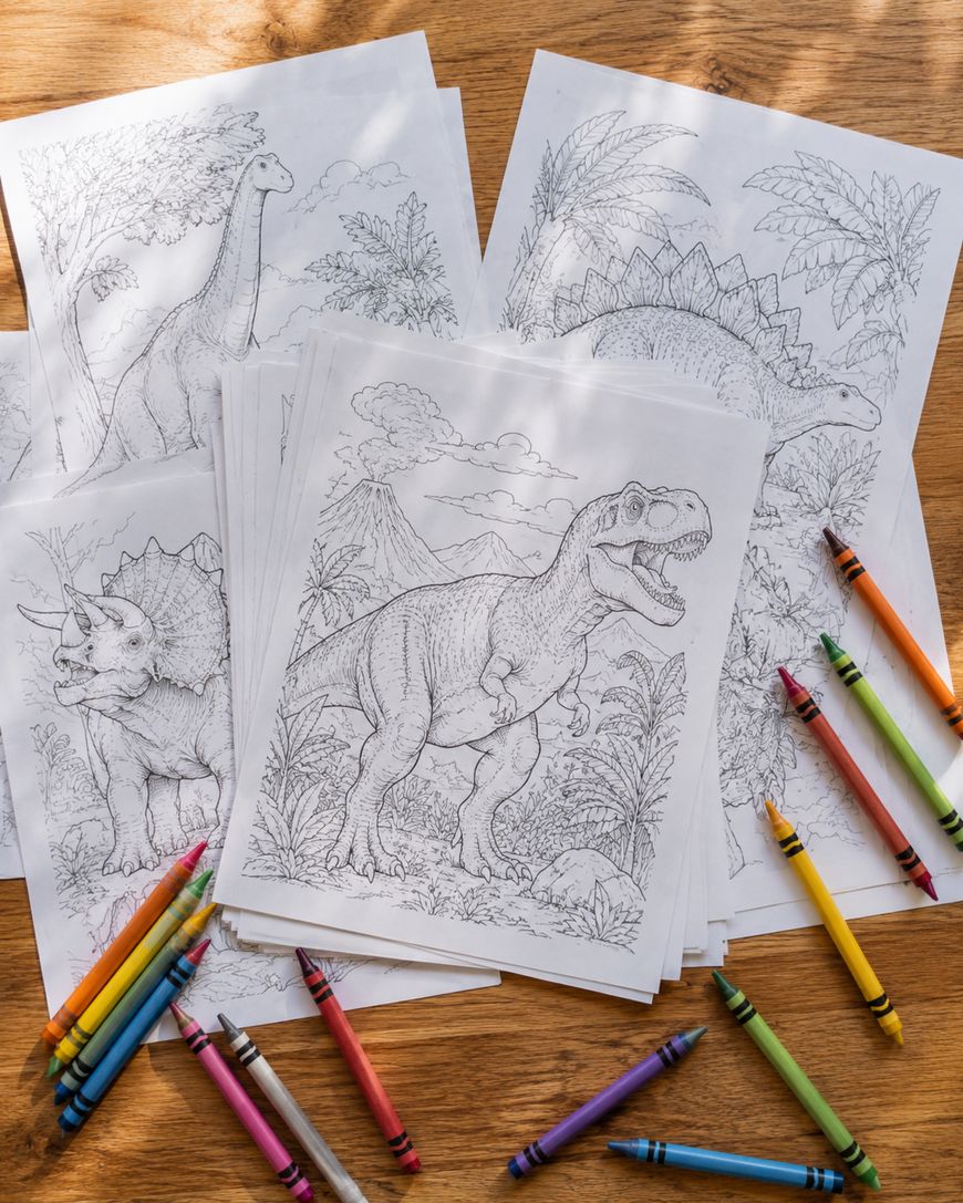 Several dinosaur-themed colouring pages are spread out on a wooden surface, surrounded by various coloured crayons. The pages feature detailed drawings of different dinosaurs and prehistoric plants.