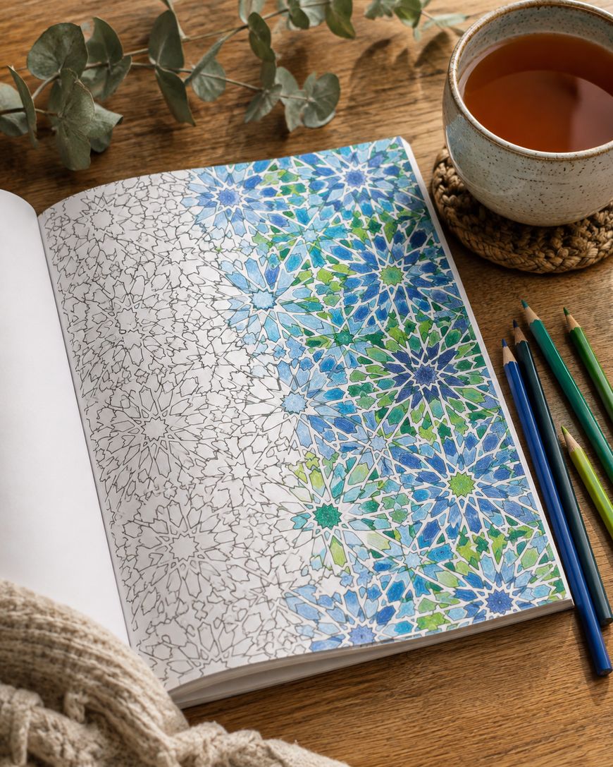 A mandala coloring page partly filled in with blue and green pencil, with colored pencils resting alongside.