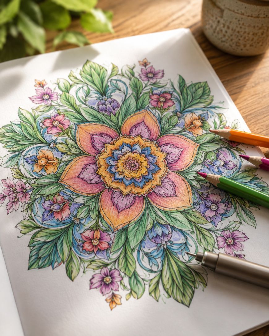 A colourful mandala-style floral drawing is partially coloured with coloured pencils and a pen resting nearby. The page sits on a wooden table with a plant and a mug in the background.