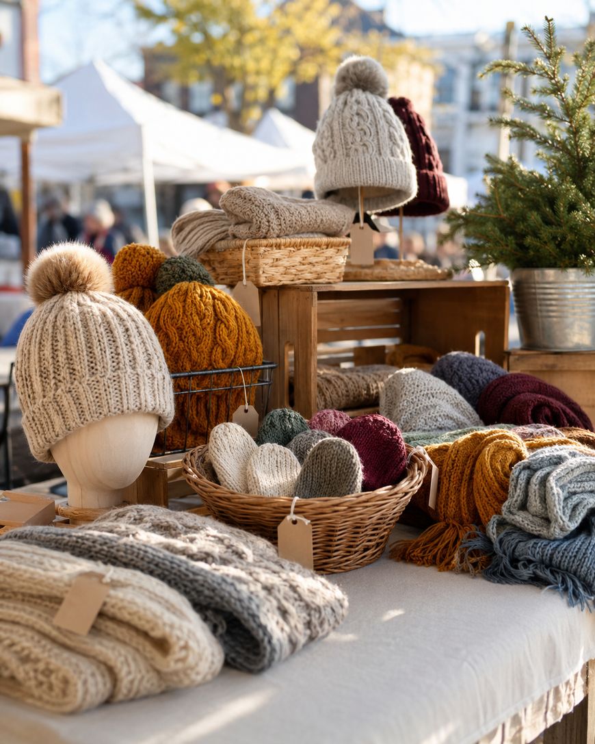 Display of knitted hats, scarves, and mittens in neutral and autumn colours on wooden crates and baskets at an outdoor market, with white marquees and trees in the background.
