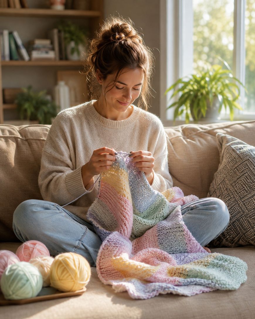 A woman sitting cross-legged on a couch knitting a pastel-coloured striped blanket, surrounded by balls of yarn.