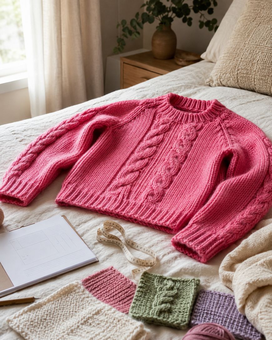 A pink cable-knit sweater laid on a bed next to a tape measure, notebook, and knitted swatch samples in different colours.