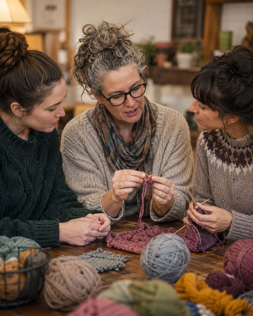 Three women sitting together at a table knitting and helping each other with stitches, surrounded by balls of yarn.