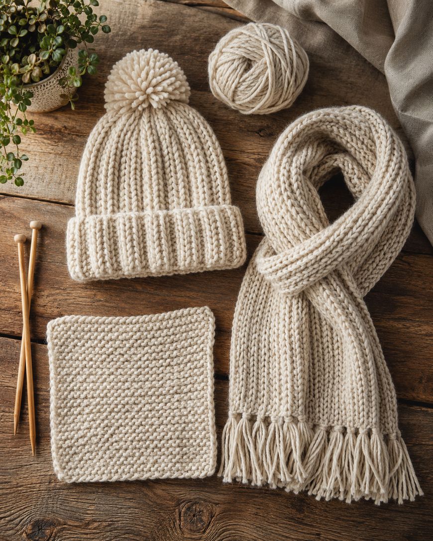 Cream-coloured knitted hat, scarf, and swatch arranged on a wooden surface with a ball of wool, two wooden knitting needles, and a small potted plant. The hat has a bobble; the scarf has fringes.