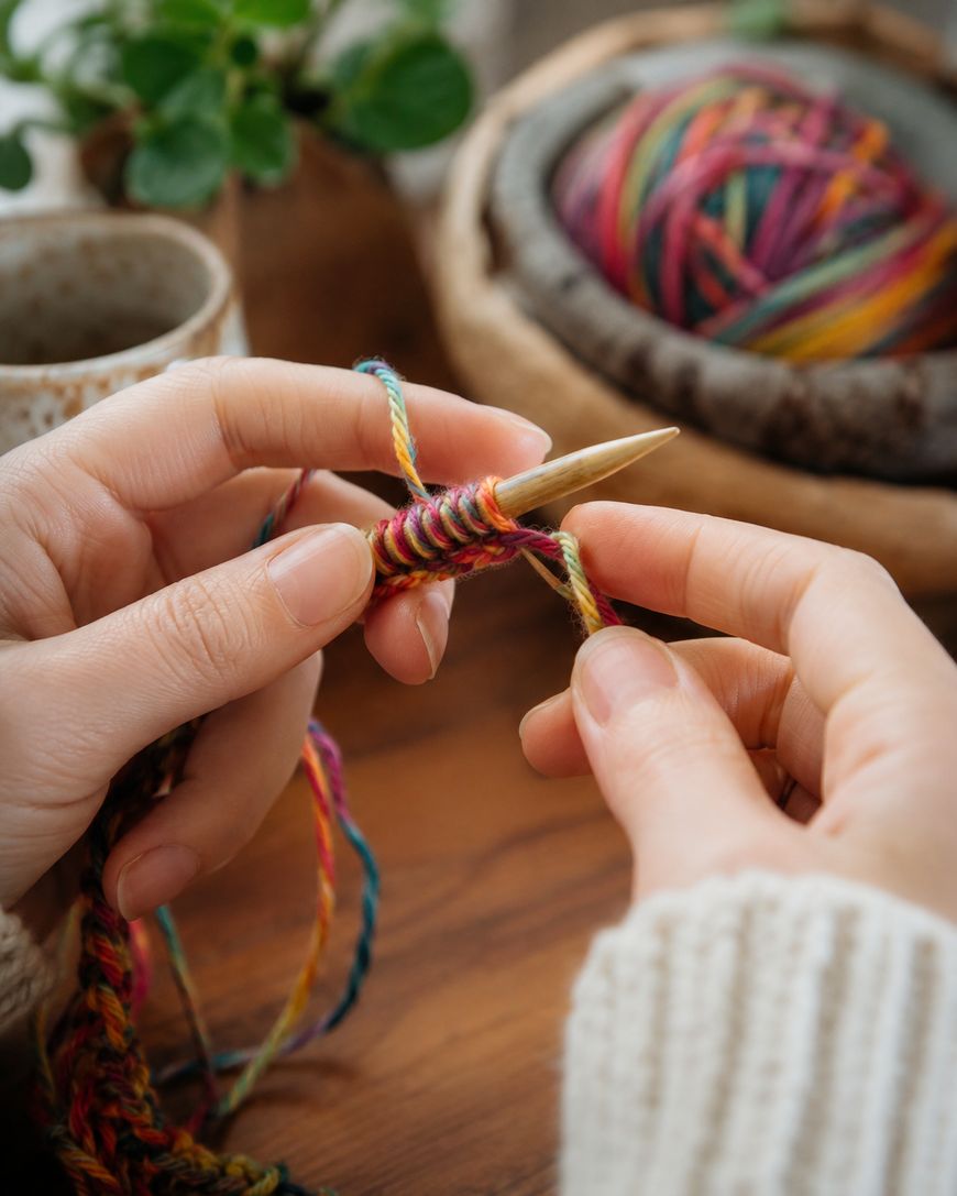 Close-up of hands knitting with colourful multicoloured yarn on wooden needles.
