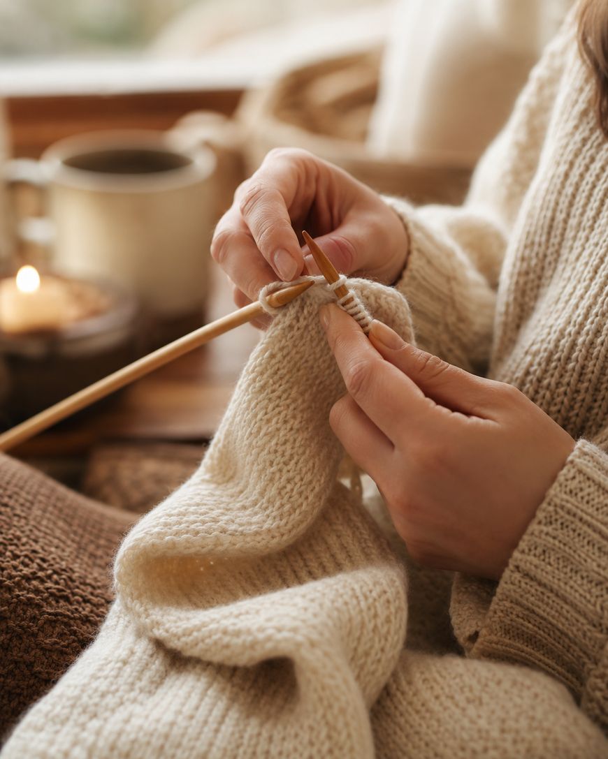 Close-up of hands knitting a cream sweater with wooden needles beside a candle and mug.
