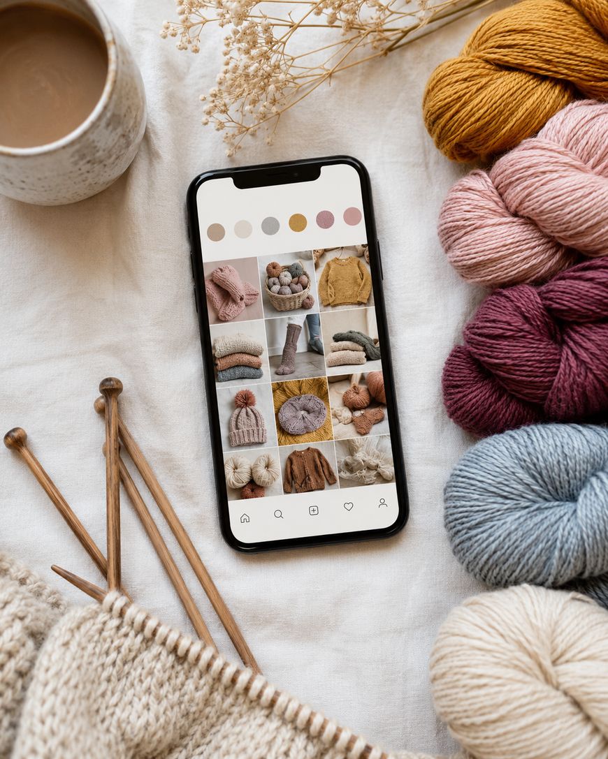 A smartphone displays a knitting-themed Instagram feed, surrounded by balls of yarn in various colours, wooden knitting needles, a knitted piece, a cup of coffee, and dried flowers on a white fabric background.