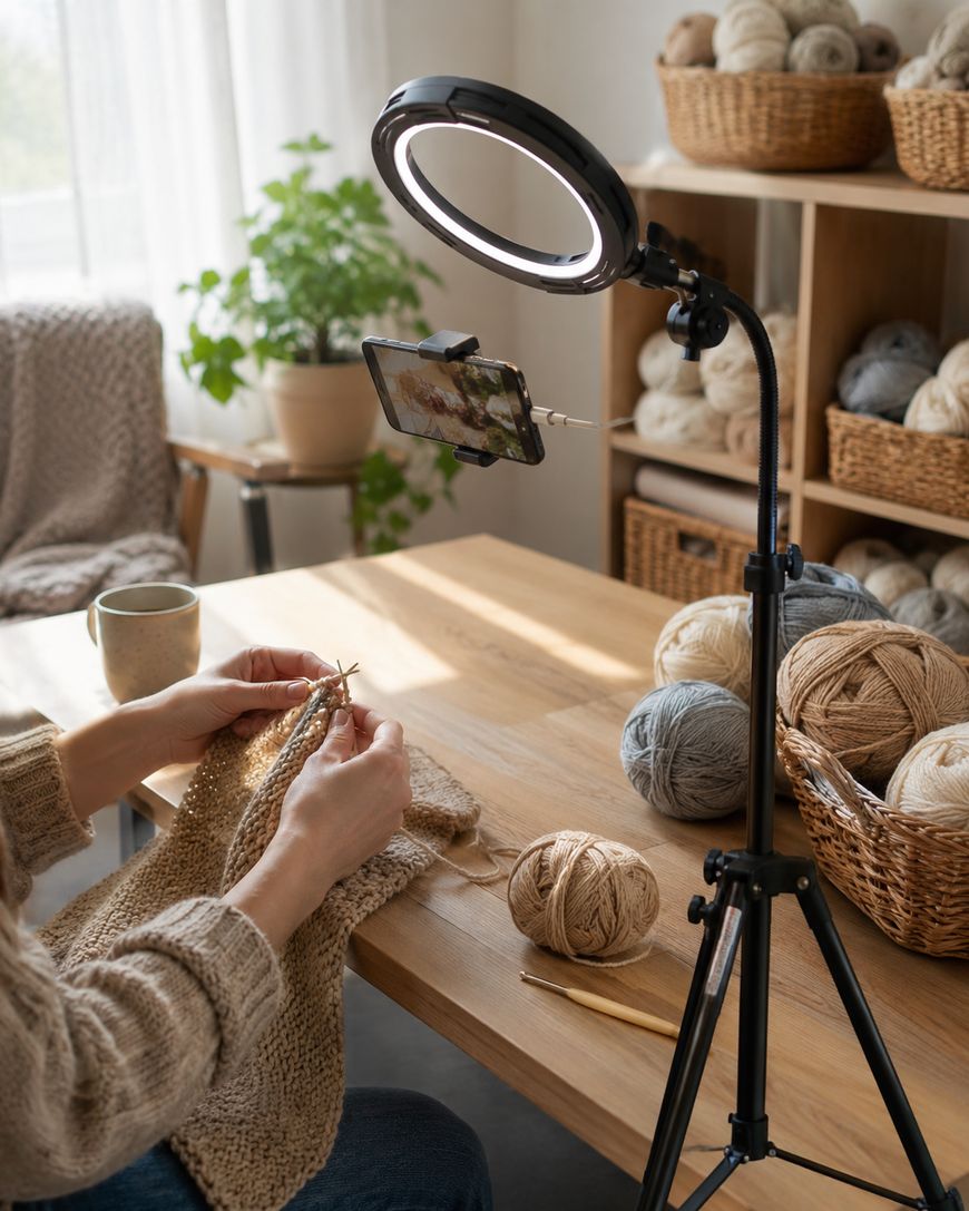 A woman films herself knitting on her phone using a tripod and ring light, with baskets of yarn on shelves behind her.