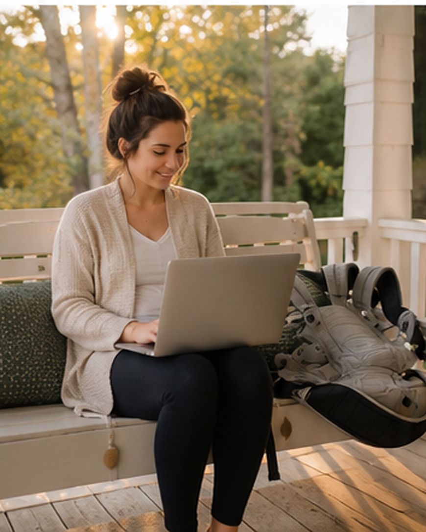 A woman sits on a veranda swing using a laptop, smiling. She wears a light jumper and black trousers. There is hockey kit next to her, and trees with green leaves are visible in the background.