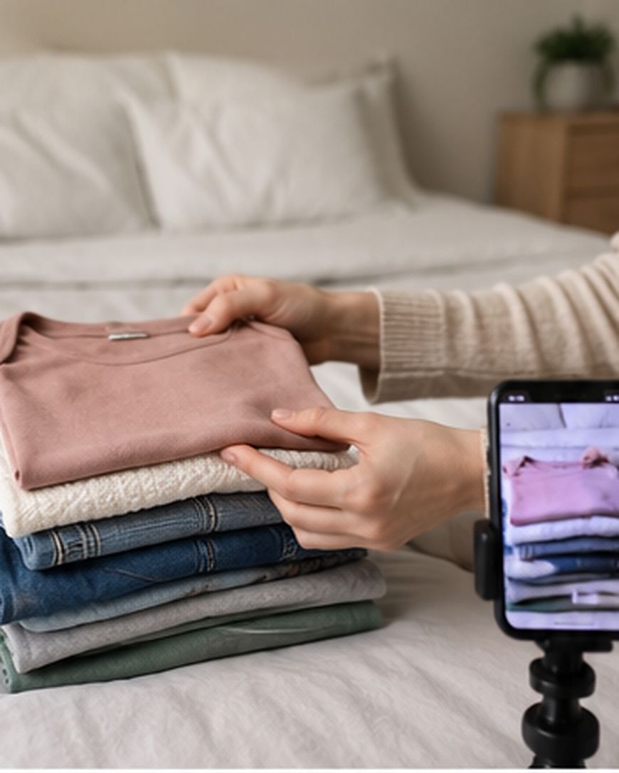 A person folds clothes on a bed while recording with a mobile phone on a tripod. The pile includes a pink shirt, jeans, and jumpers.