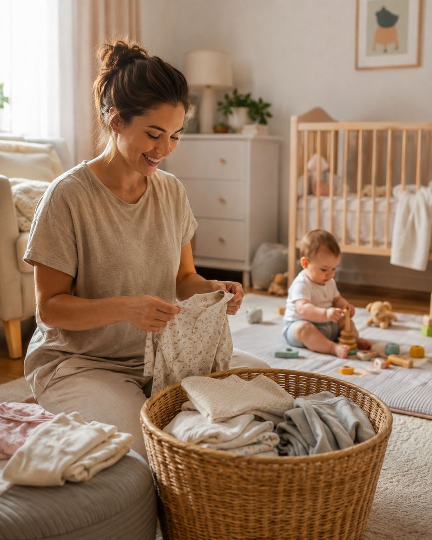 A woman smiles whilst folding laundry beside a wicker basket in a cosy nursery. In the background, a baby sits on the floor playing with toys near a cot.