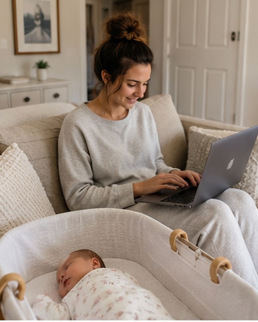 A woman in loungewear works on a laptop while sitting on a sofa. In front of her, a baby sleeps in a cot. The setting appears calm and homely, with soft lighting and neutral-coloured decor.