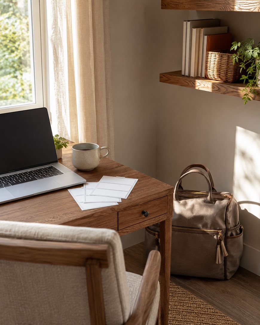 A cosy home office with a wooden desk, open laptop, cup, papers, and bag. Shelves with books and plants are on the wall, and sunlight streams through a window with light curtains.