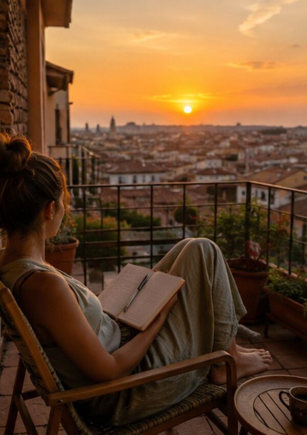 A woman sits on a balcony at sunset, writing in a notebook and overlooking a cityscape. Potted plants and a cup of coffee are beside her, creating a peaceful, reflective atmosphere.