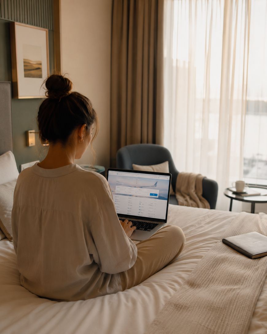 A woman sits on a bed in a cosy room, working on a laptop. Soft natural light filters through sheer curtains, and there's a notebook on the bed beside her.