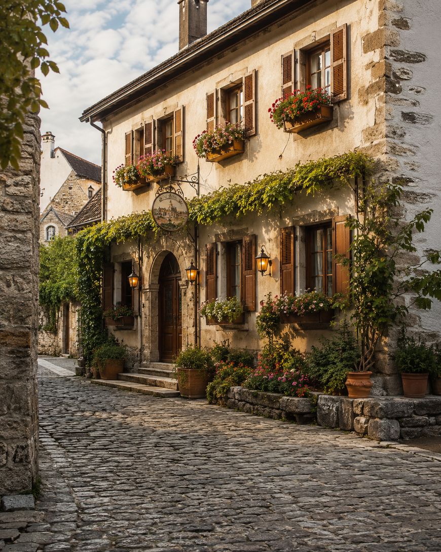 Charming stone house with wooden shutters, flower boxes, and climbing vines; warm lanterns light a cobbled street in a quaint village setting.