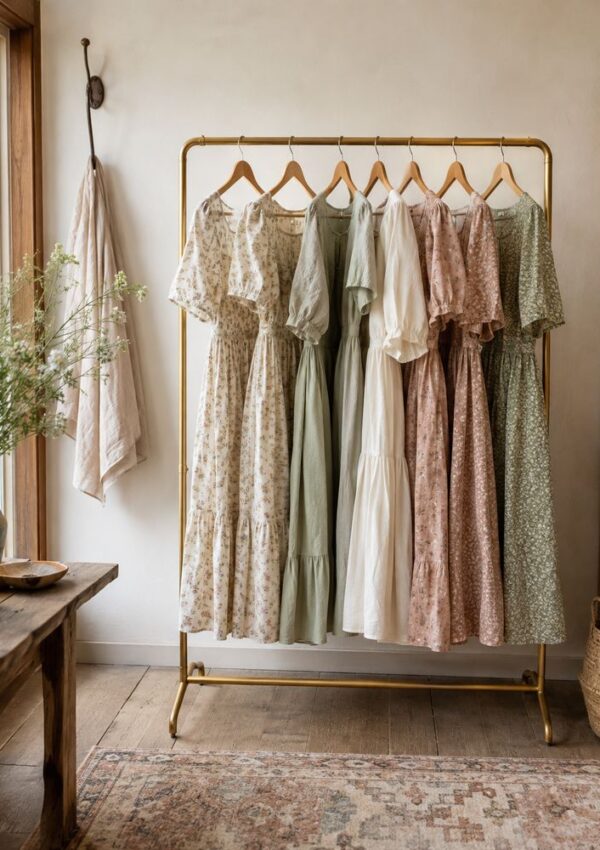 Six vintage-style, floral and solid pastel dresses hang on a gold rail in a cosy, sunlit room with wooden floors, a rug, plants, and neutral decor.
