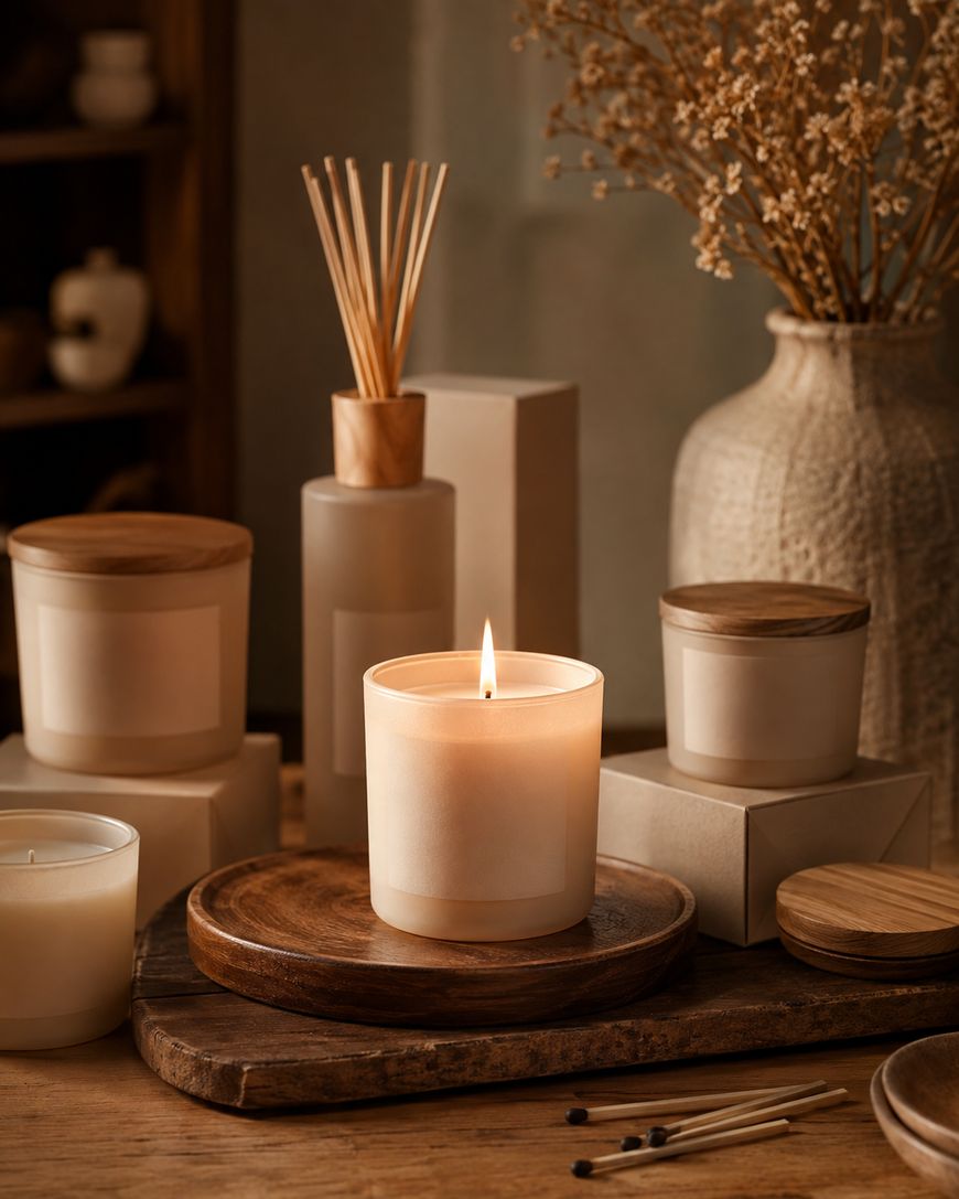 A lit candle in a frosted glass jar sits on a wooden tray, surrounded by other candles, reed diffusers, boxes, and a vase of dried flowers on a rustic wooden surface.