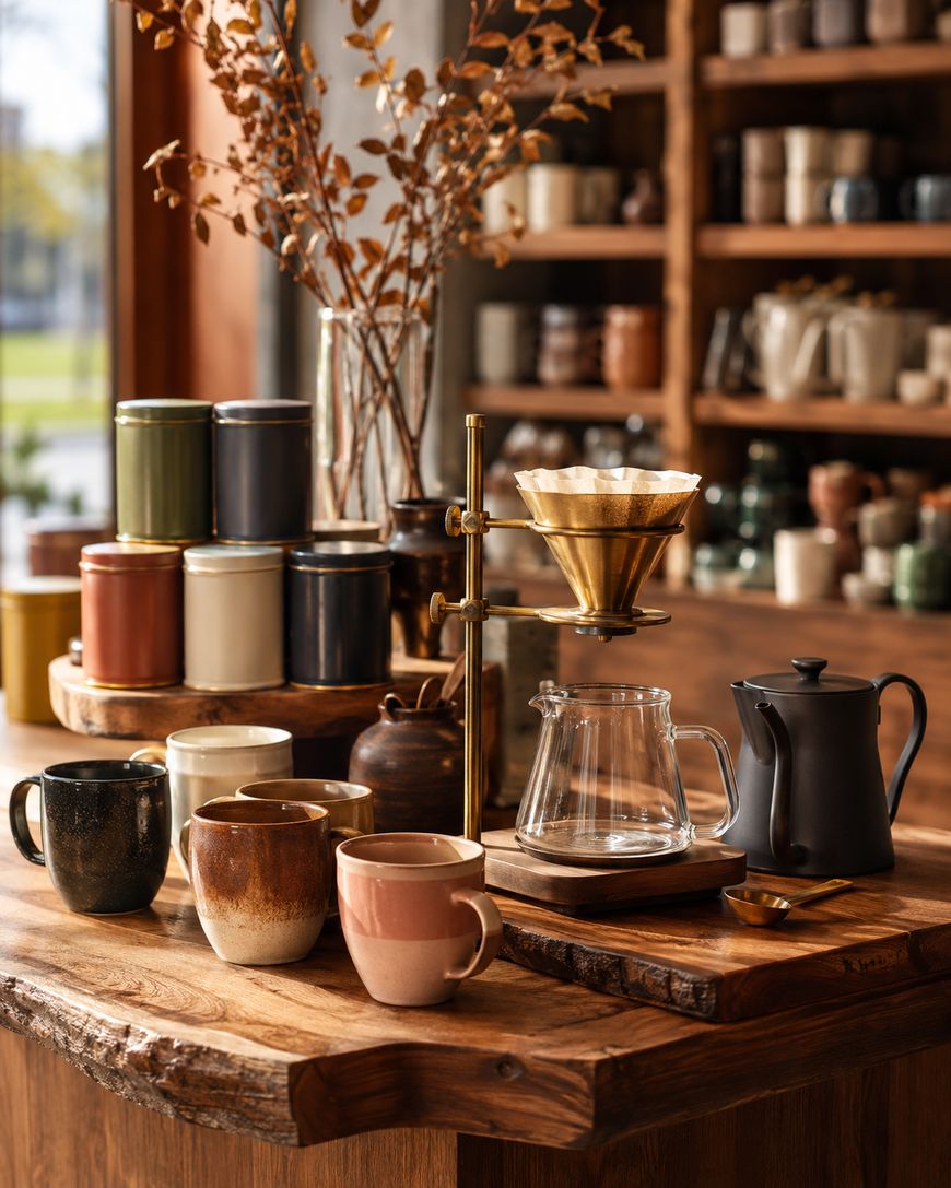 A cosy coffee shop counter with mugs, a black kettle, a glass pour-over coffee maker, various ceramic jars, and dried branches in a vase, with shelves of pottery in the background.