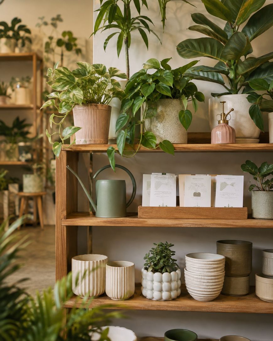 Wooden shelves display potted plants, watering cans, empty ceramic pots, and small gardening tools in a cosy, well-lit plant shop. Lush greenery and decorative planters fill the scene.