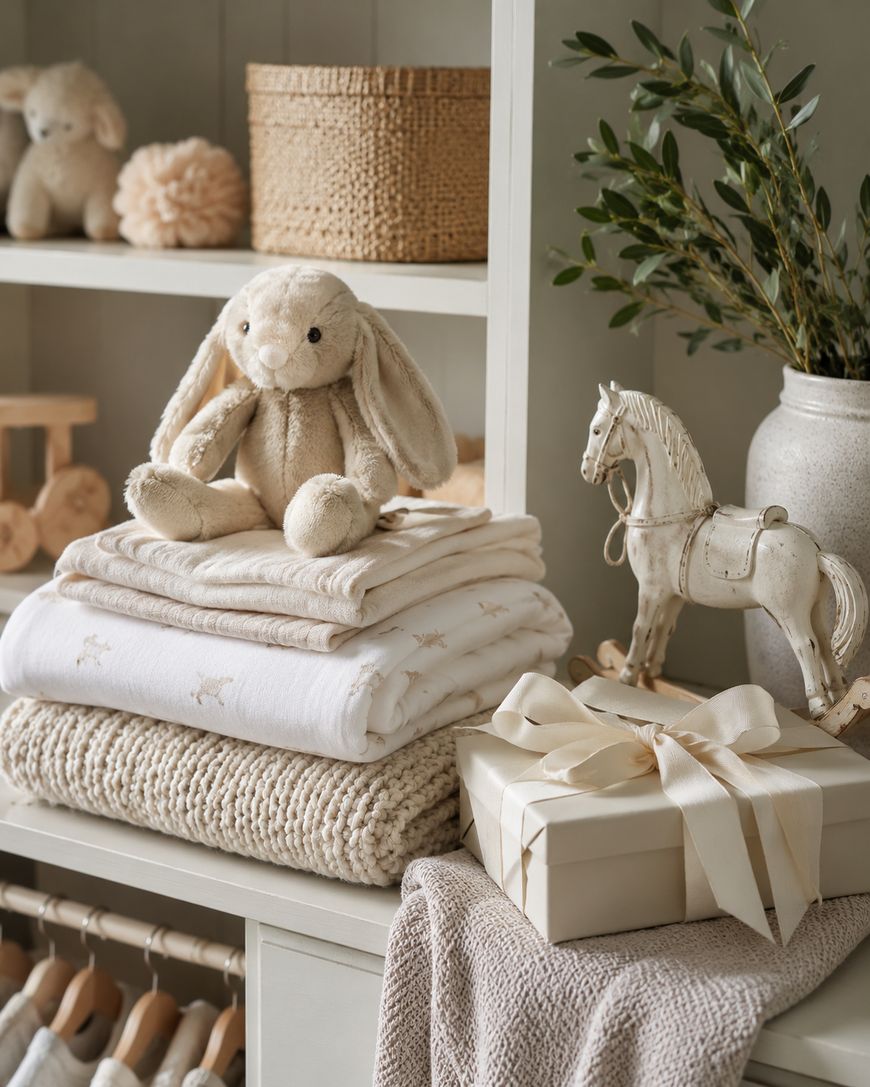 Plush bunny sits on folded blankets next to a ribboned gift box, a wooden rocking horse, basket, and a vase with greenery on a shelf in a cosy, neutral-toned nursery.