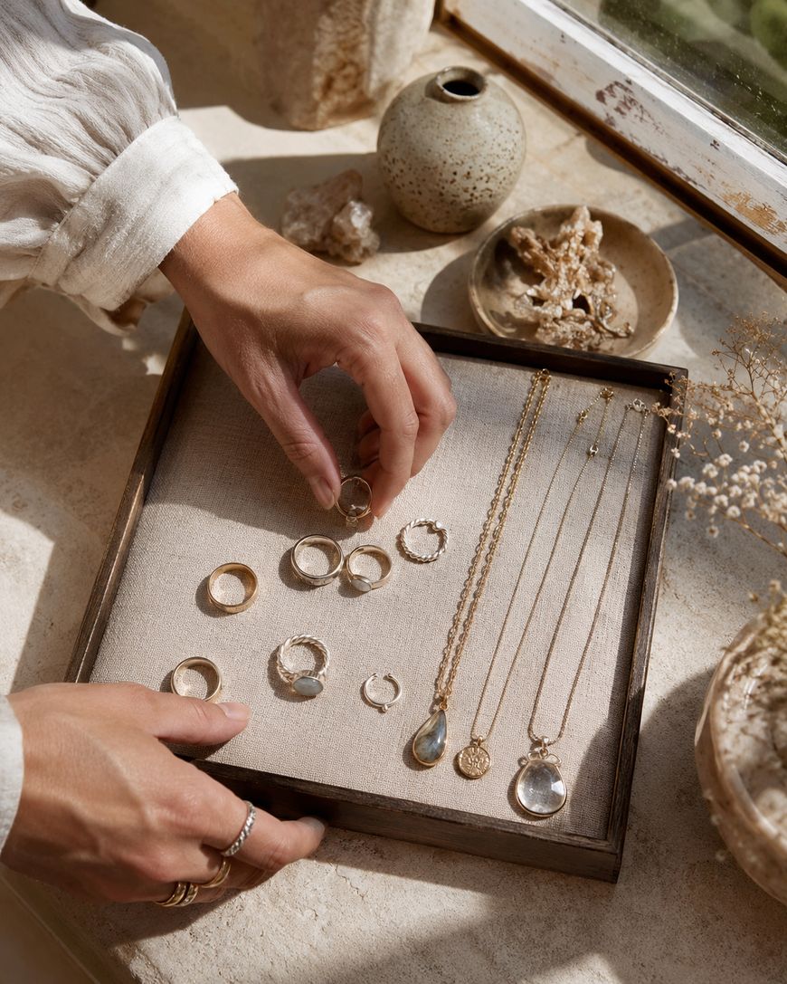 A person arranges gold rings and necklaces with gemstones in a fabric-lined jewellery box on a sunlit windowsill, surrounded by ceramic vases and dried flowers.
