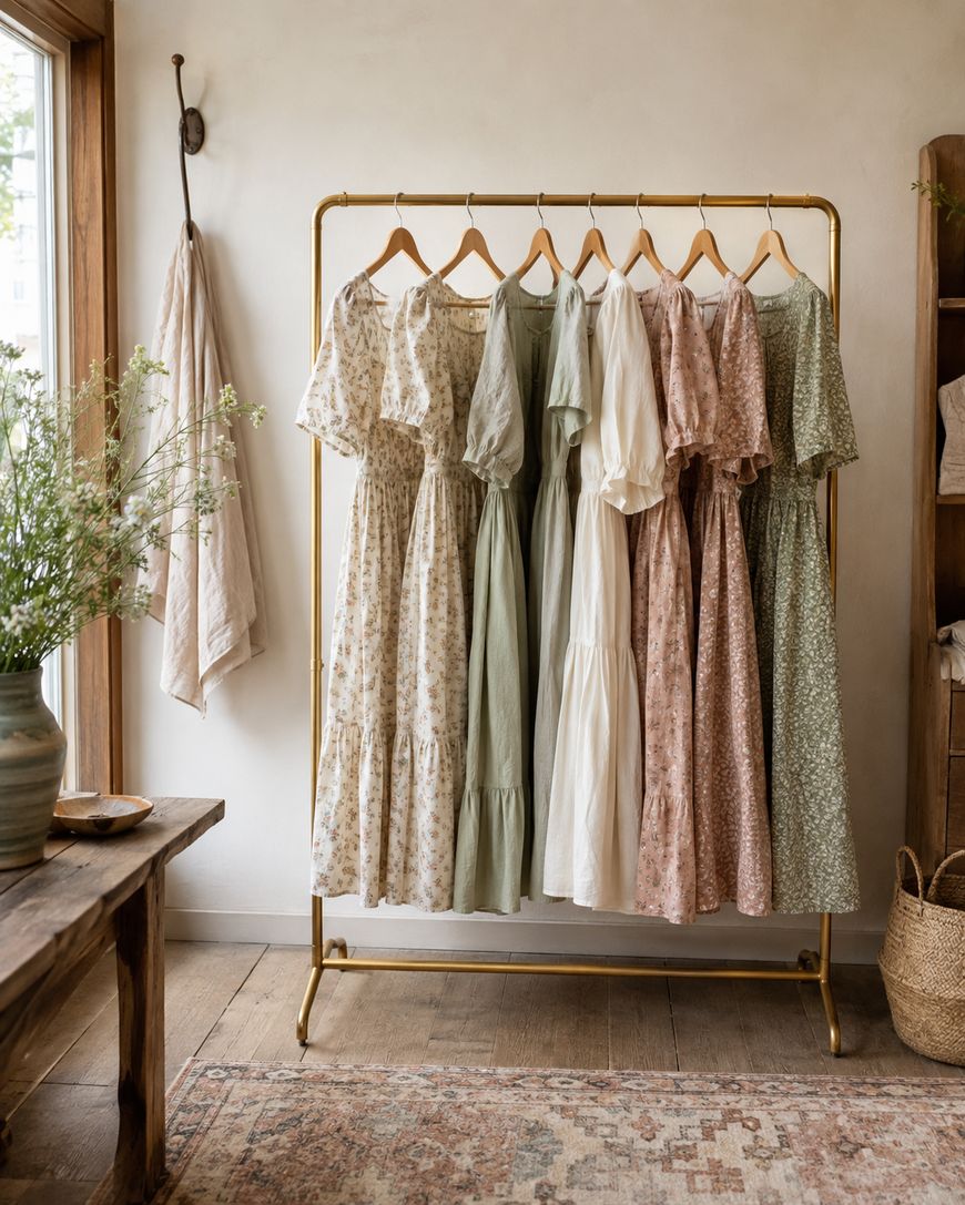 Six floral and pastel dresses hang on a gold clothes rail in a cosy, rustic room with wooden furniture, potted plants, and soft, natural light from a window. The setting has a warm, vintage feel.