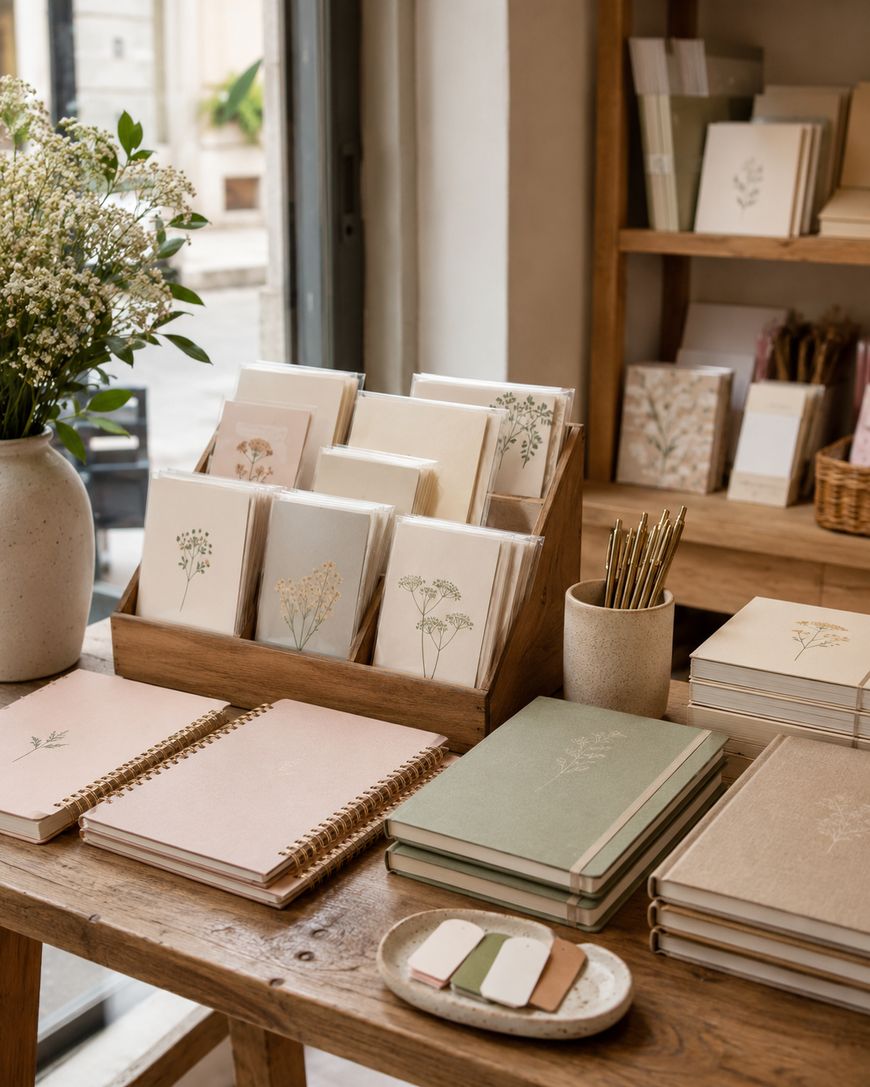 Neatly arranged notebooks, cards, and paper goods with floral designs displayed on a wooden table, next to a vase of white flowers, pencils in a pot, and a small plate holding rubbers, in a cosy shop setting.