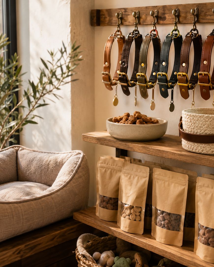 A cosy pet shop display with large dog collars hanging above shelves holding jars and bags of treats, a soft dog bed, and baskets of toys, all in warm natural tones.