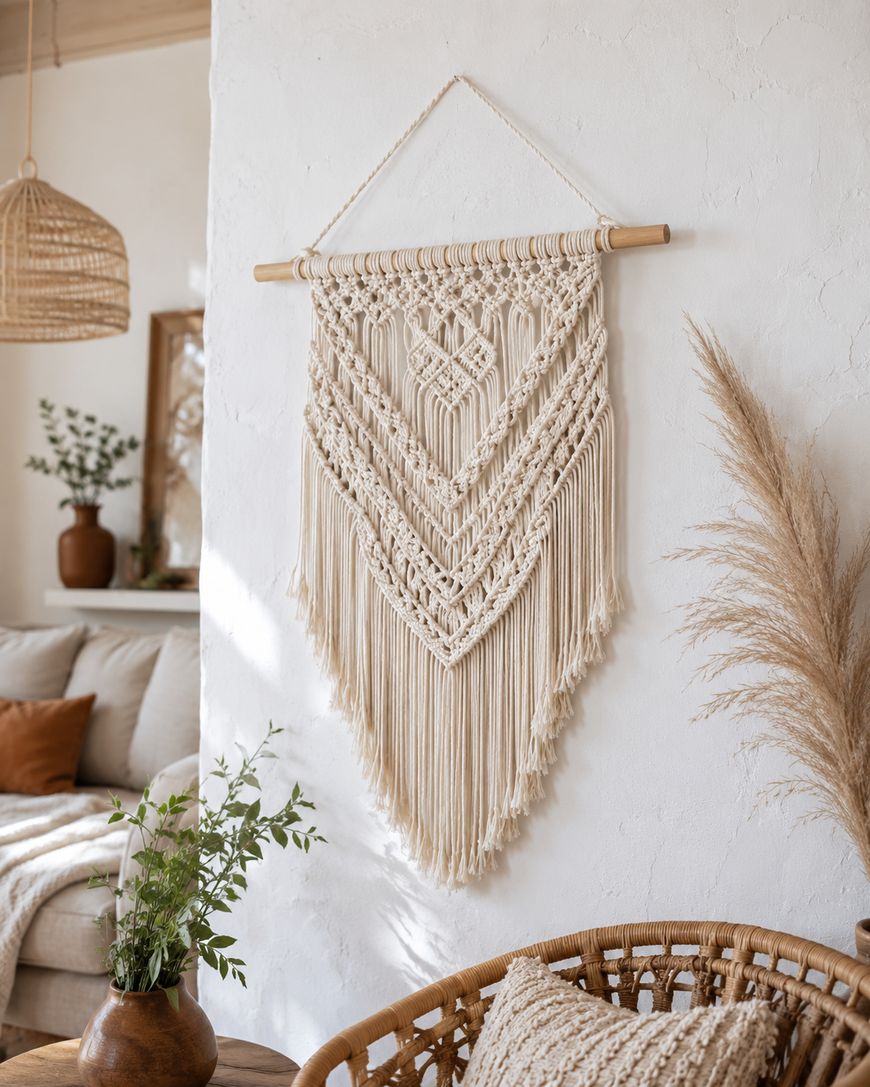 A large cream macramé wall hanging with geometric patterns and fringe decorates a white wall in a boho-style living room with wicker furniture, plants, and neutral tones.
